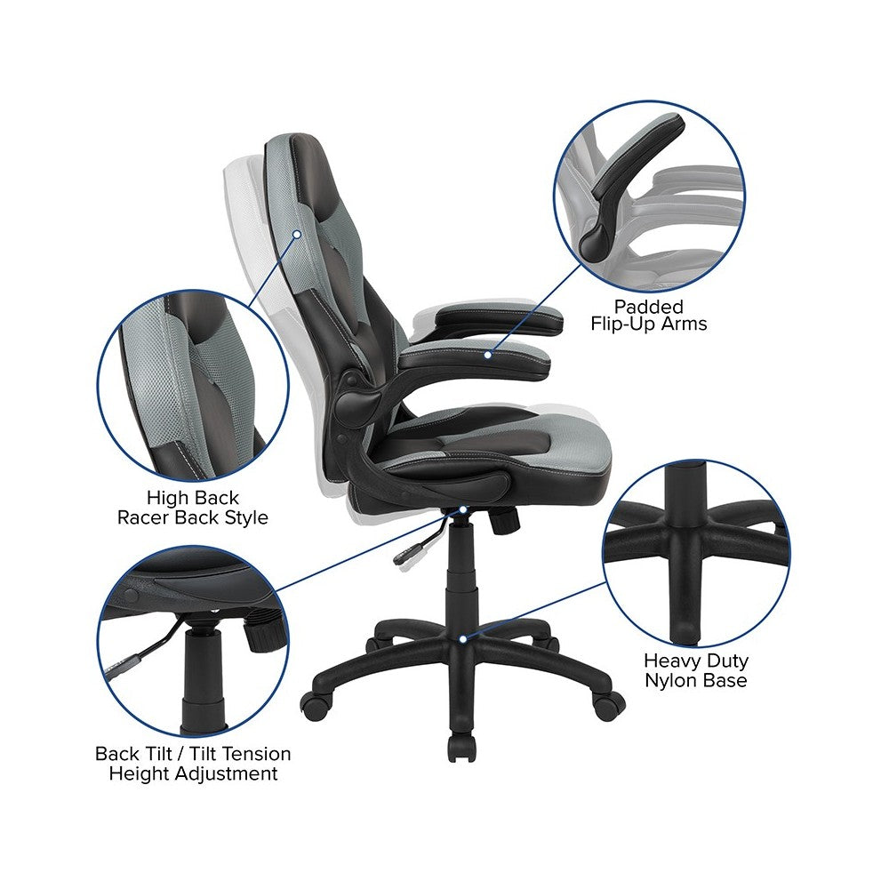 Black Gaming Desk and Gray/Black Racing Chair Set with Cup Holder, Headphone Hook & 2 Wire Management Holes