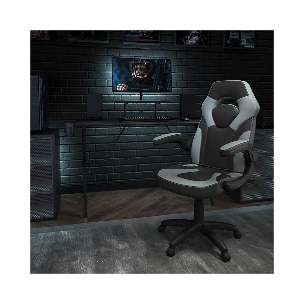 Black Gaming Desk and Gray/Black Racing Chair Set with Cup Holder, Headphone Hook, and Monitor/Smartphone Stand