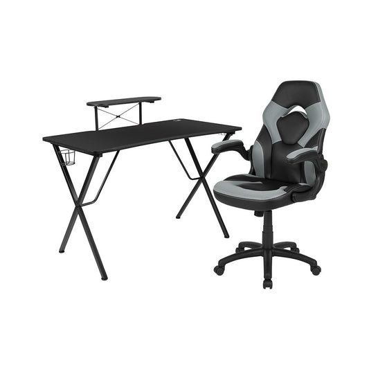 Black Gaming Desk and Gray/Black Racing Chair Set with Cup Holder, Headphone Hook, and Monitor/Smartphone Stand