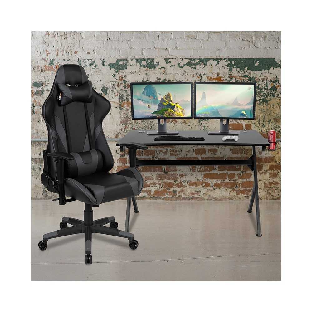 Black Gaming Desk and Gray/Black Reclining Gaming Chair Set with Cup Holder, Headphone Hook & 2 Wire Management Holes