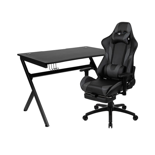 Black Gaming Desk and Gray Footrest Reclining Gaming Chair Set with Cup Holder, Headphone Hook & 2 Wire Management Holes