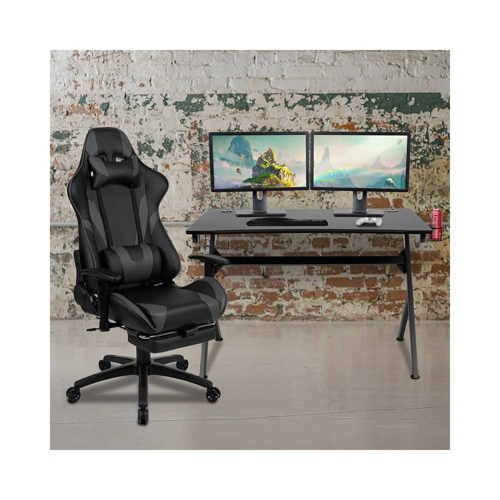 Black Gaming Desk and Gray Footrest Reclining Gaming Chair Set with Cup Holder, Headphone Hook & 2 Wire Management Holes