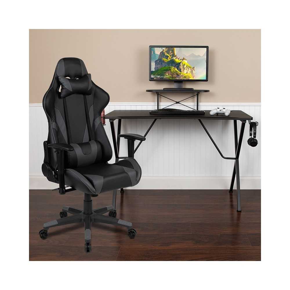 Black Gaming Desk and Gray Reclining Gaming Chair Set with Cup Holder, Headphone Hook, and Monitor/Smartphone Stand