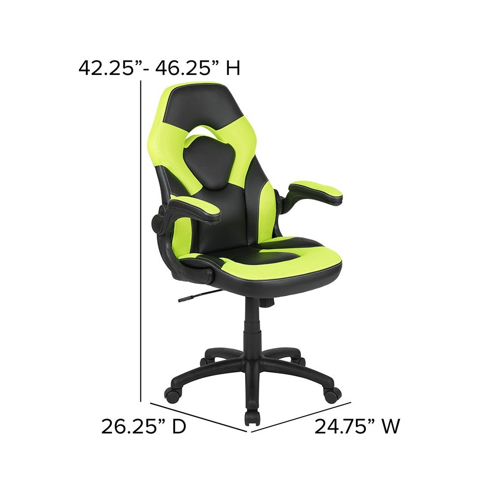 Black Gaming Desk and Green/Black Racing Chair Set with Cup Holder, Headphone Hook & 2 Wire Management Holes