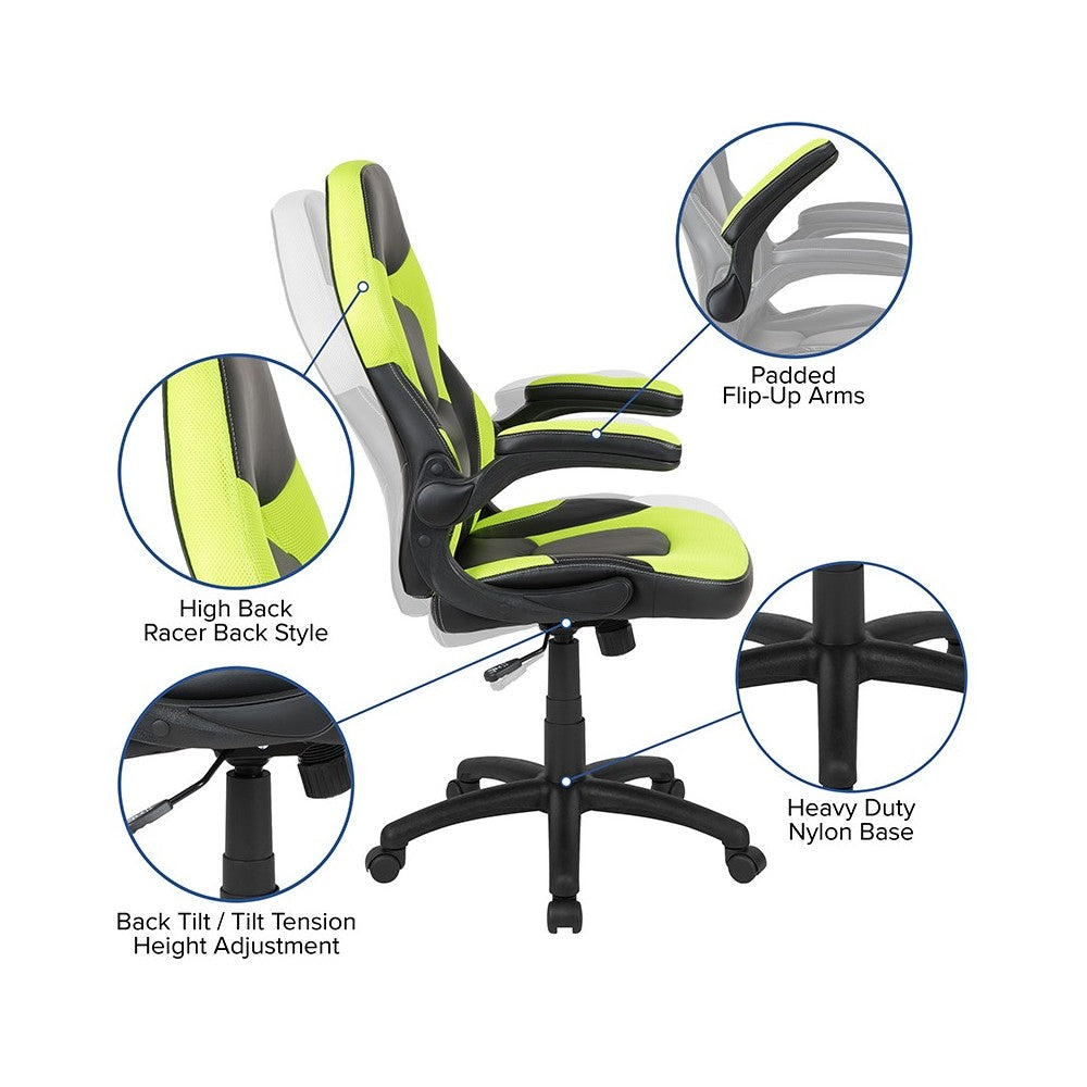 Black Gaming Desk and Green/Black Racing Chair Set with Cup Holder, Headphone Hook & 2 Wire Management Holes