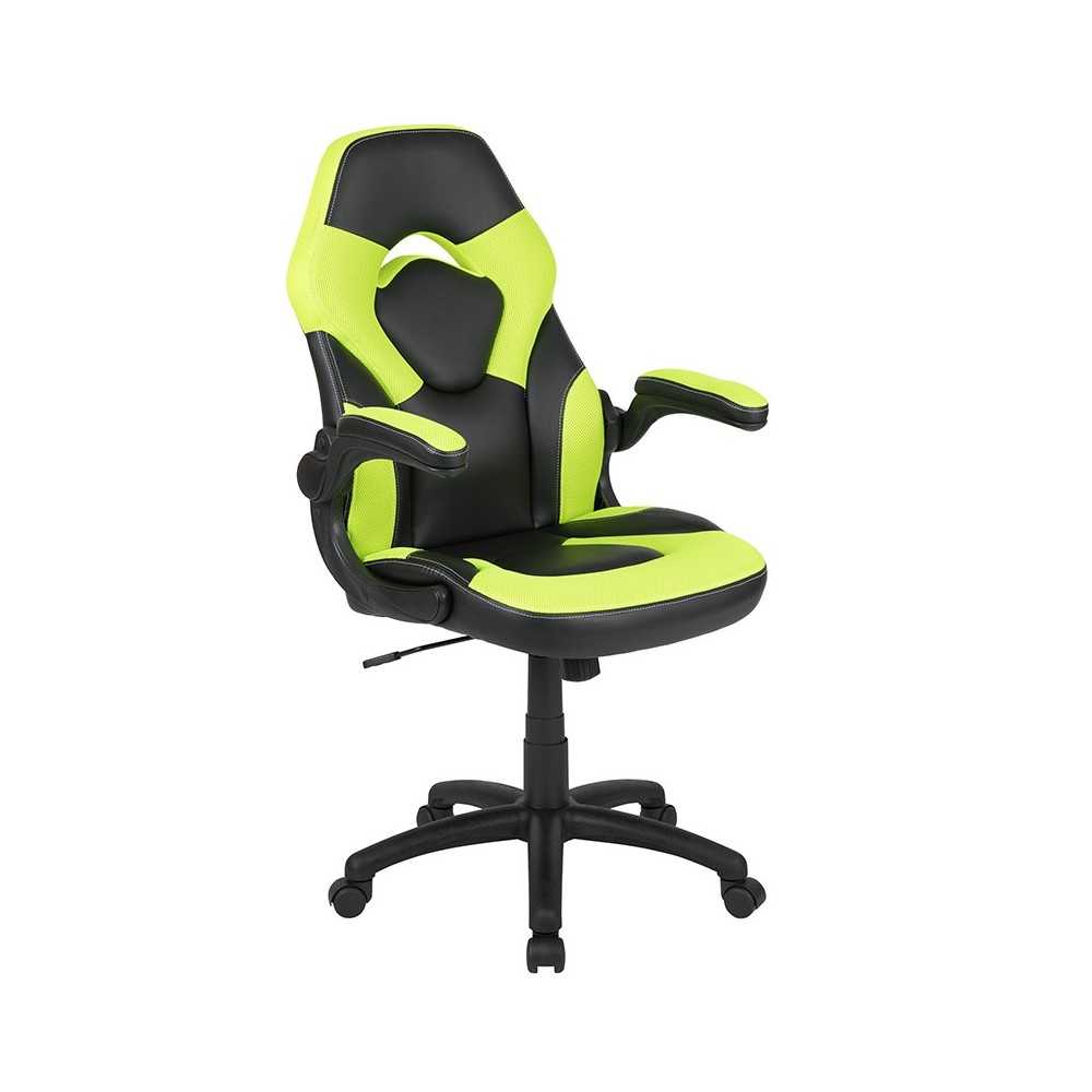 Black Gaming Desk and Green/Black Racing Chair Set with Cup Holder, Headphone Hook & 2 Wire Management Holes