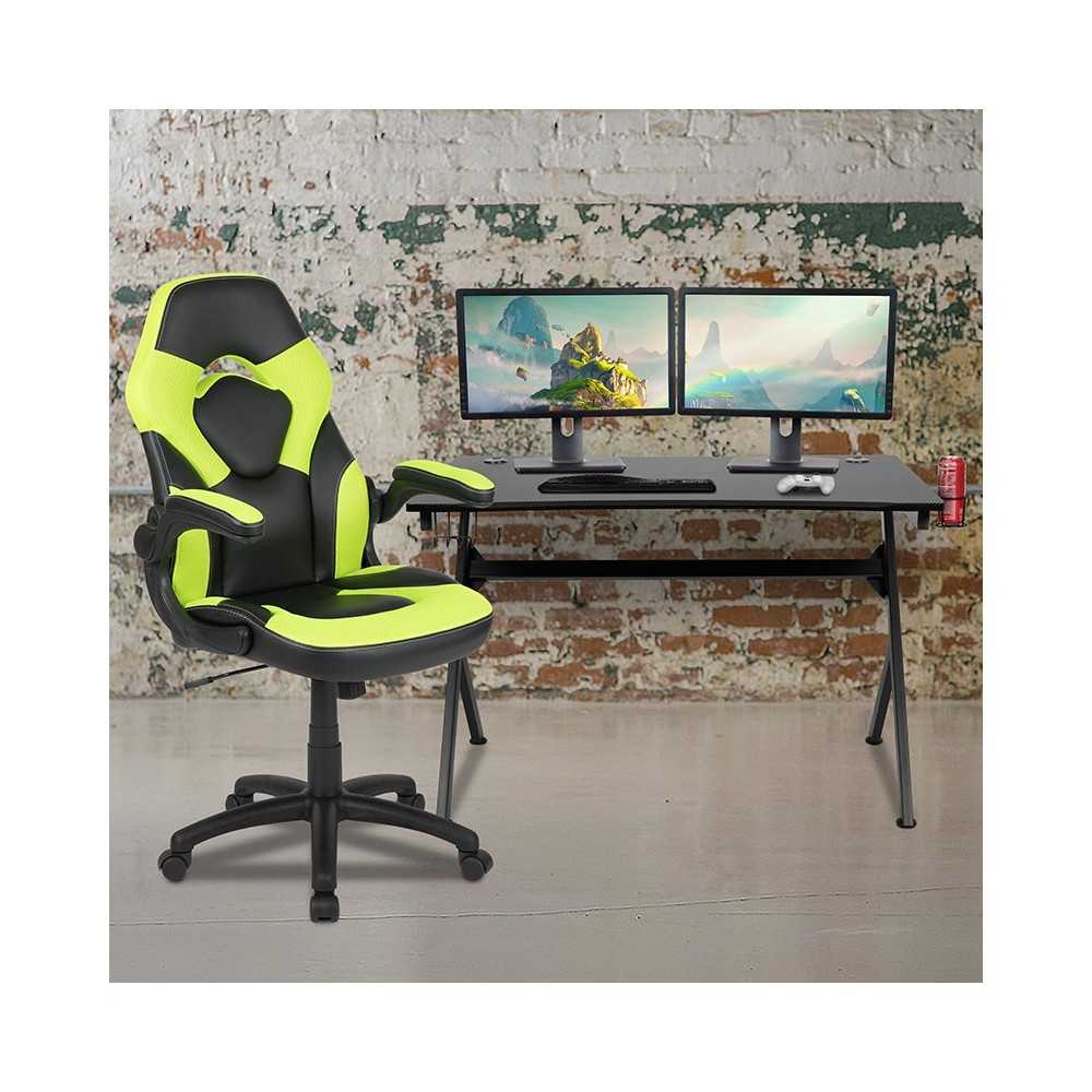 Black Gaming Desk and Green/Black Racing Chair Set with Cup Holder, Headphone Hook & 2 Wire Management Holes