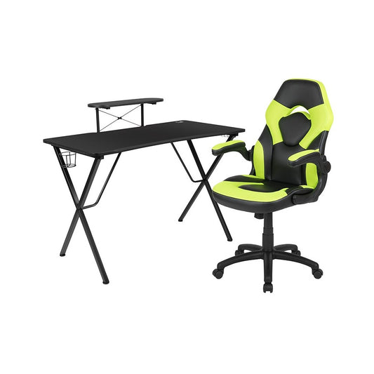 Black Gaming Desk and Green/Black Racing Chair Set with Cup Holder, Headphone Hook, and Monitor/Smartphone Stand