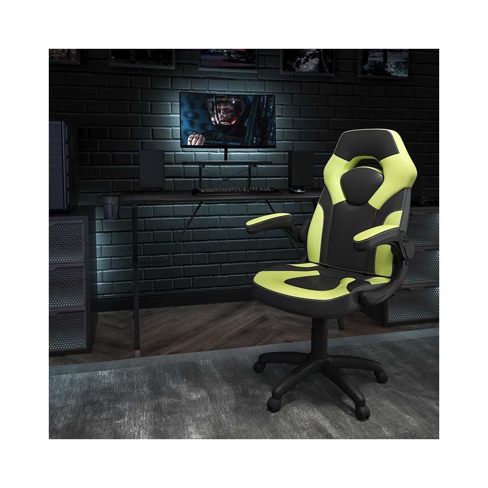 Black Gaming Desk and Green/Black Racing Chair Set with Cup Holder, Headphone Hook, and Monitor/Smartphone Stand