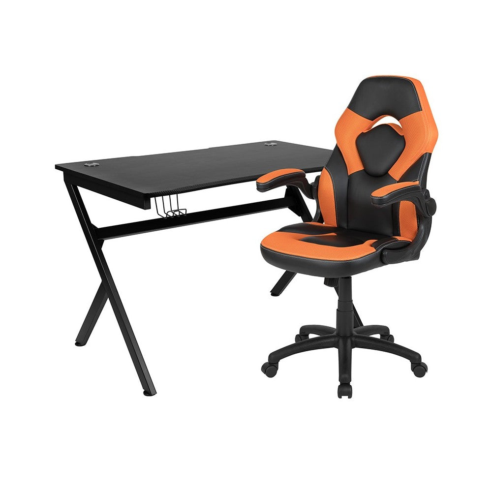 Black Gaming Desk and Orange/Black Racing Chair Set with Cup Holder, Headphone Hook & 2 Wire Management Holes