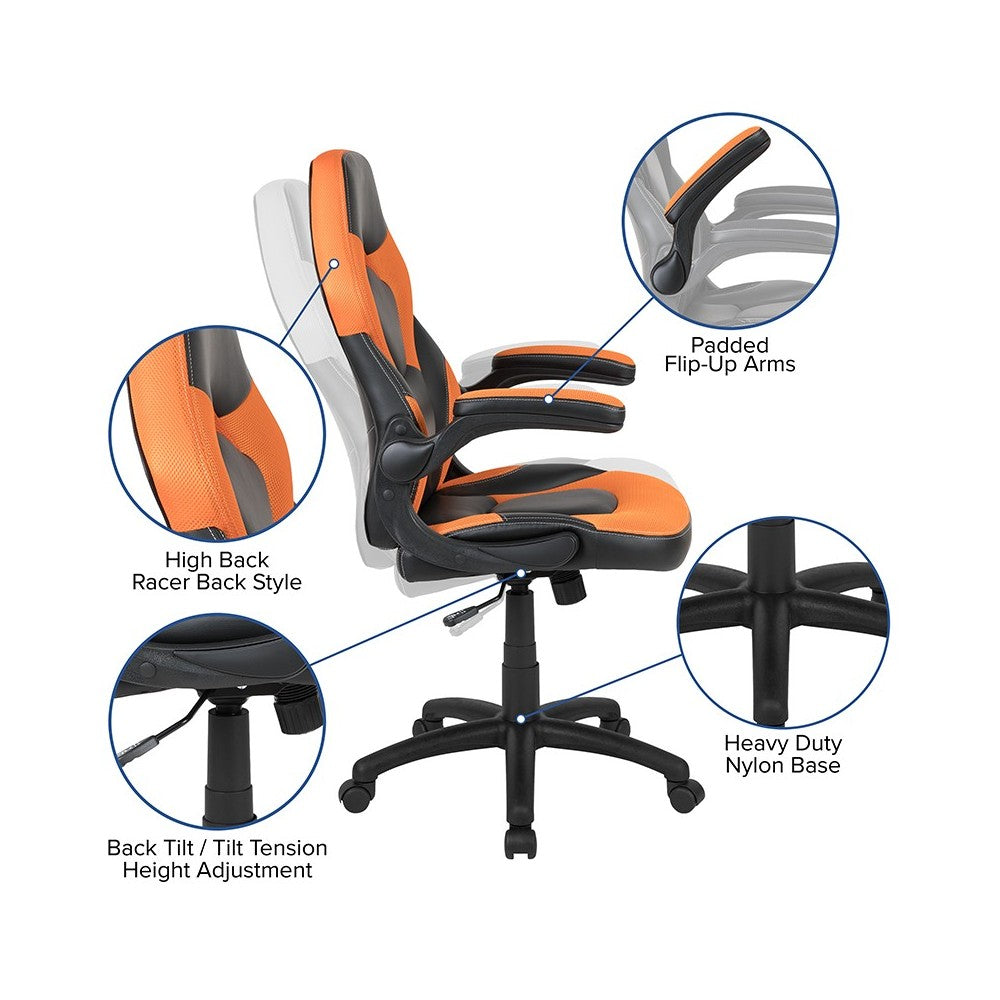 Black Gaming Desk and Orange/Black Racing Chair Set with Cup Holder, Headphone Hook & 2 Wire Management Holes