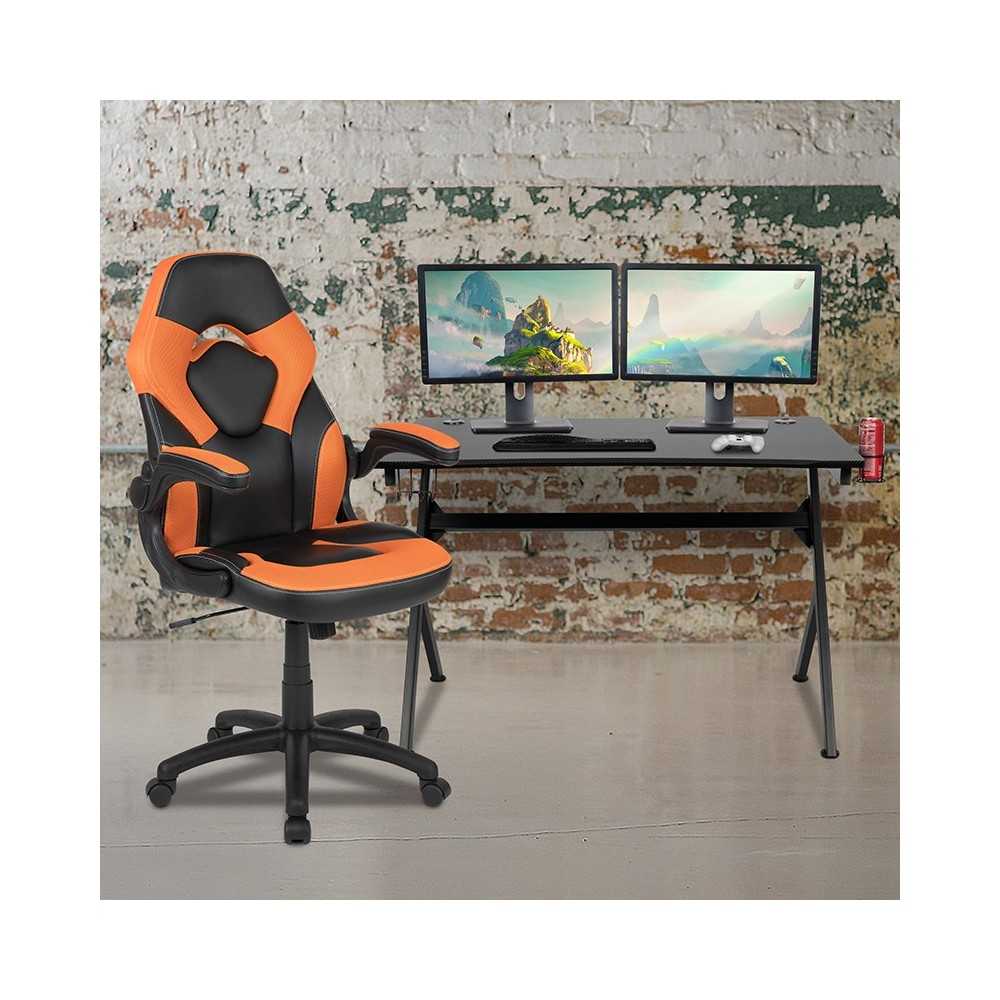 Black Gaming Desk and Orange/Black Racing Chair Set with Cup Holder, Headphone Hook & 2 Wire Management Holes