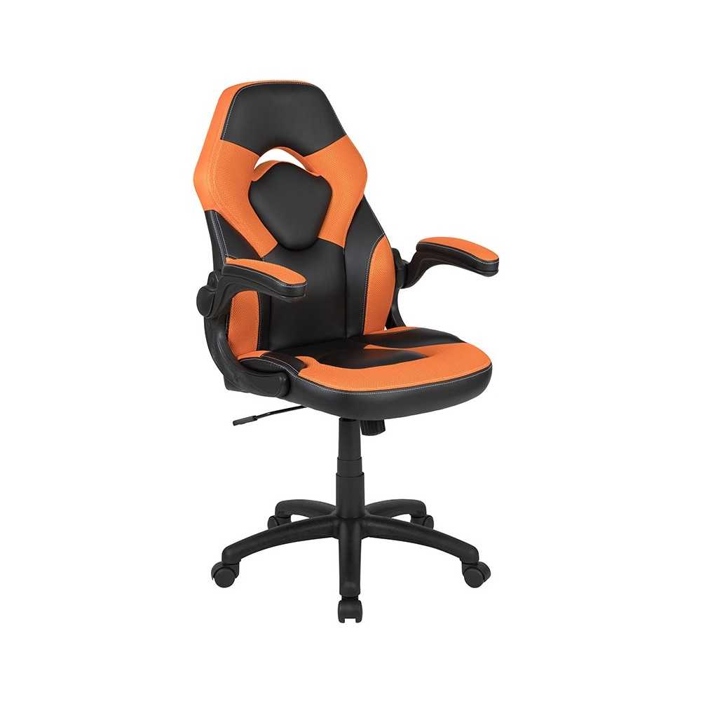 Black Gaming Desk and Orange/Black Racing Chair Set with Cup Holder, Headphone Hook & 2 Wire Management Holes