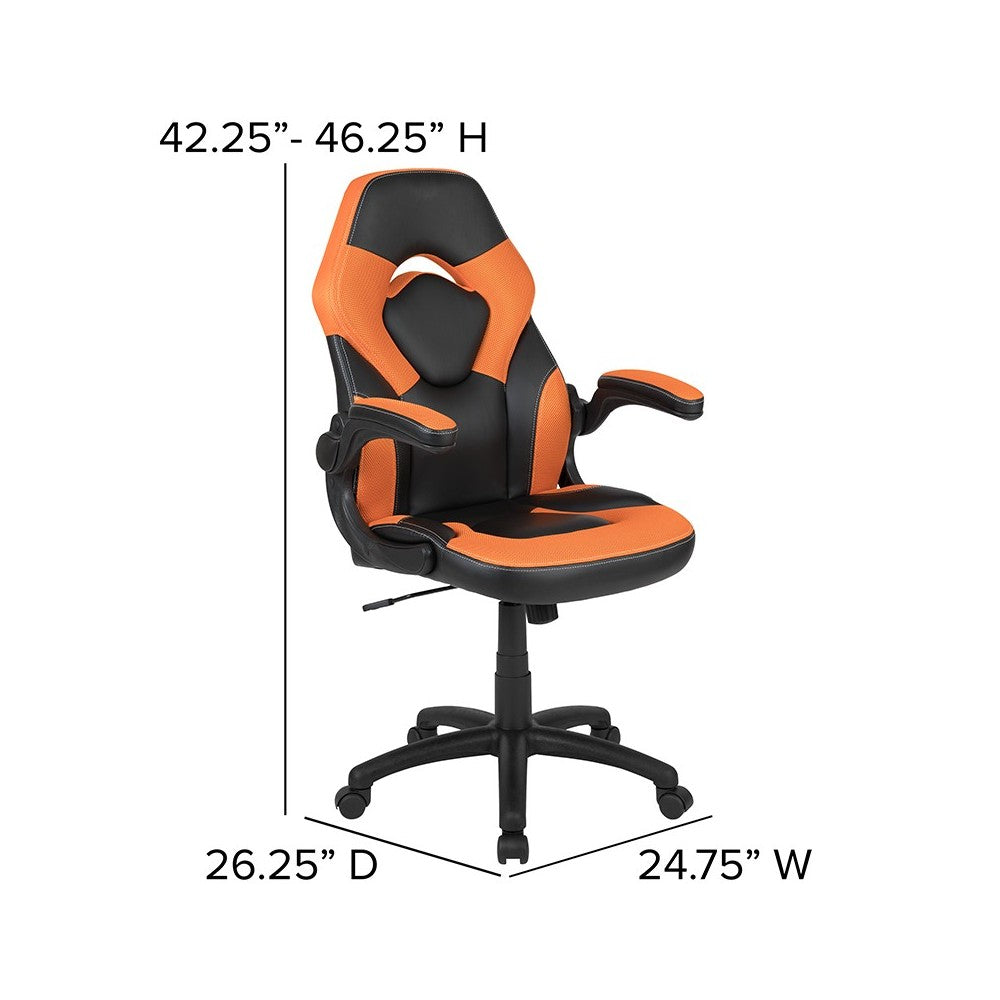 Black Gaming Desk and Orange/Black Racing Chair Set with Cup Holder, Headphone Hook & 2 Wire Management Holes