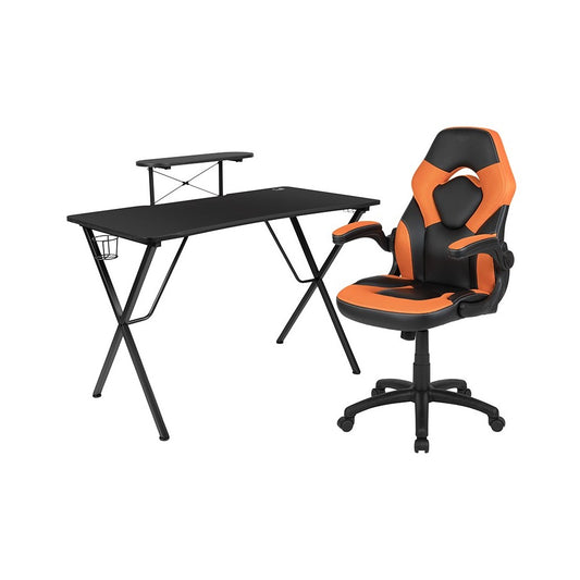 Black Gaming Desk and Orange/Black Racing Chair Set with Cup Holder, Headphone Hook, and Monitor/Smartphone Stand