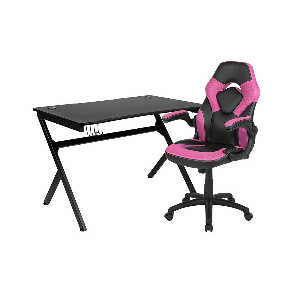 Black Gaming Desk and Pink/Black Racing Chair Set with Cup Holder, Headphone Hook & 2 Wire Management Holes