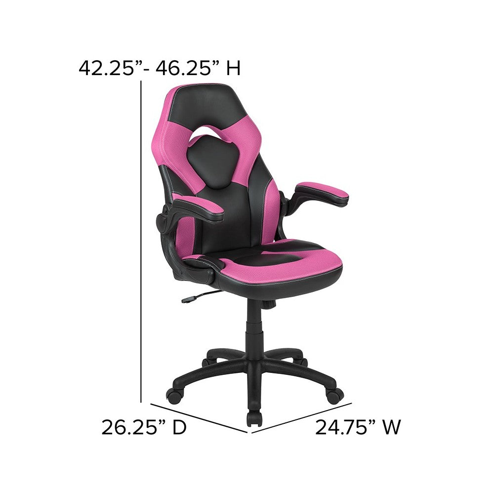 Black Gaming Desk and Pink/Black Racing Chair Set with Cup Holder, Headphone Hook & 2 Wire Management Holes