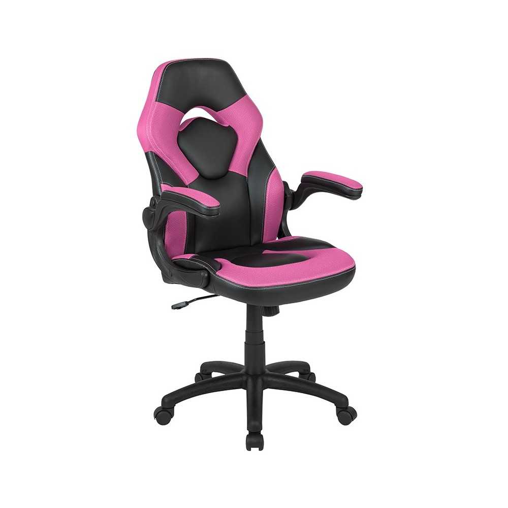 Black Gaming Desk and Pink/Black Racing Chair Set with Cup Holder, Headphone Hook & 2 Wire Management Holes