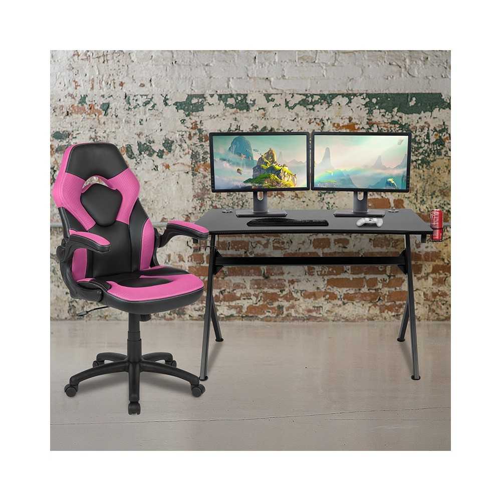 Black Gaming Desk and Pink/Black Racing Chair Set with Cup Holder, Headphone Hook & 2 Wire Management Holes