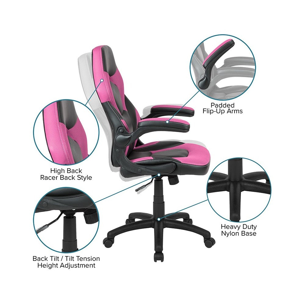 Black Gaming Desk and Pink/Black Racing Chair Set with Cup Holder, Headphone Hook & 2 Wire Management Holes