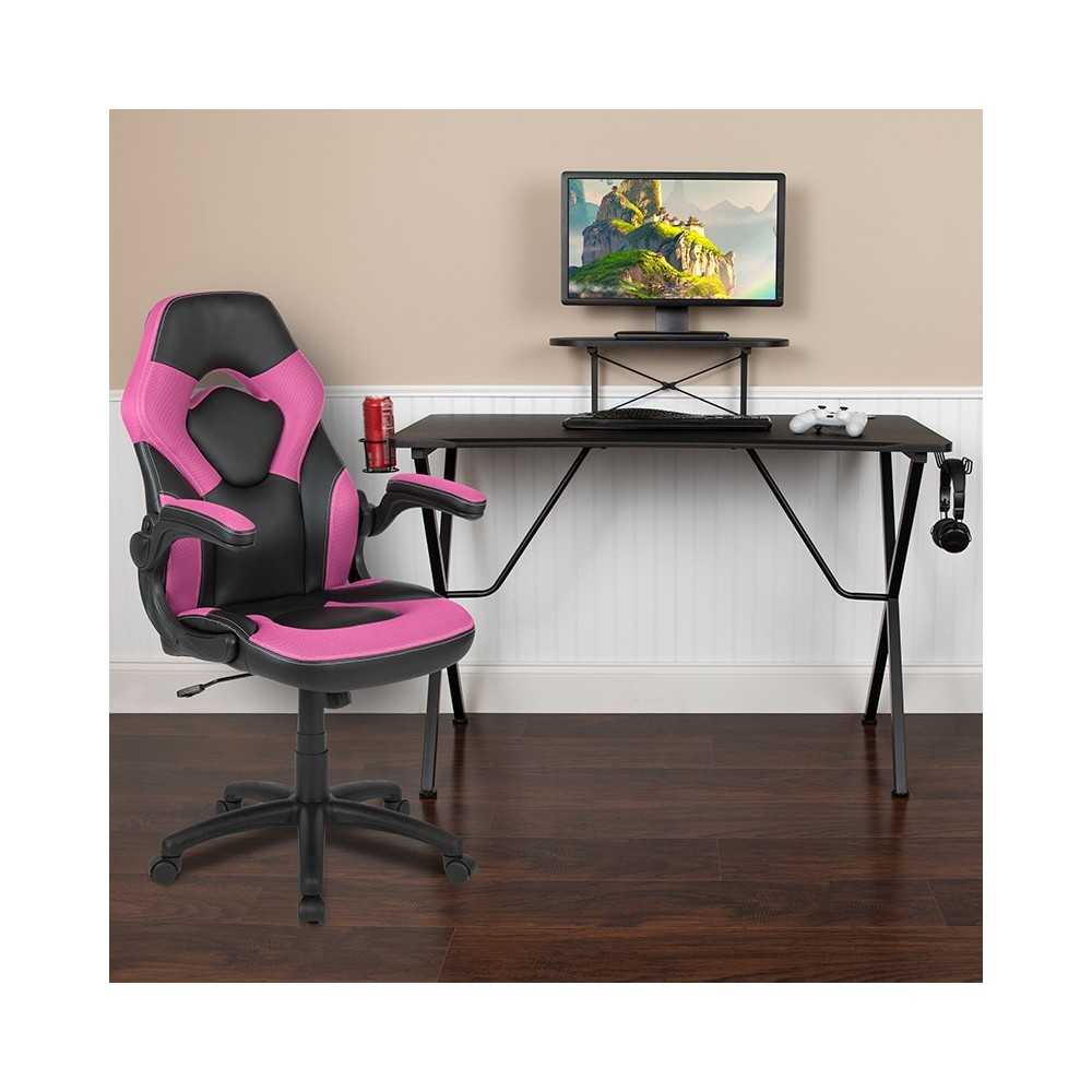 Black Gaming Desk and Pink/Black Racing Chair Set with Cup Holder, Headphone Hook, and Monitor/Smartphone Stand