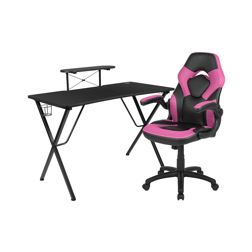 Black Gaming Desk and Pink/Black Racing Chair Set with Cup Holder, Headphone Hook, and Monitor/Smartphone Stand