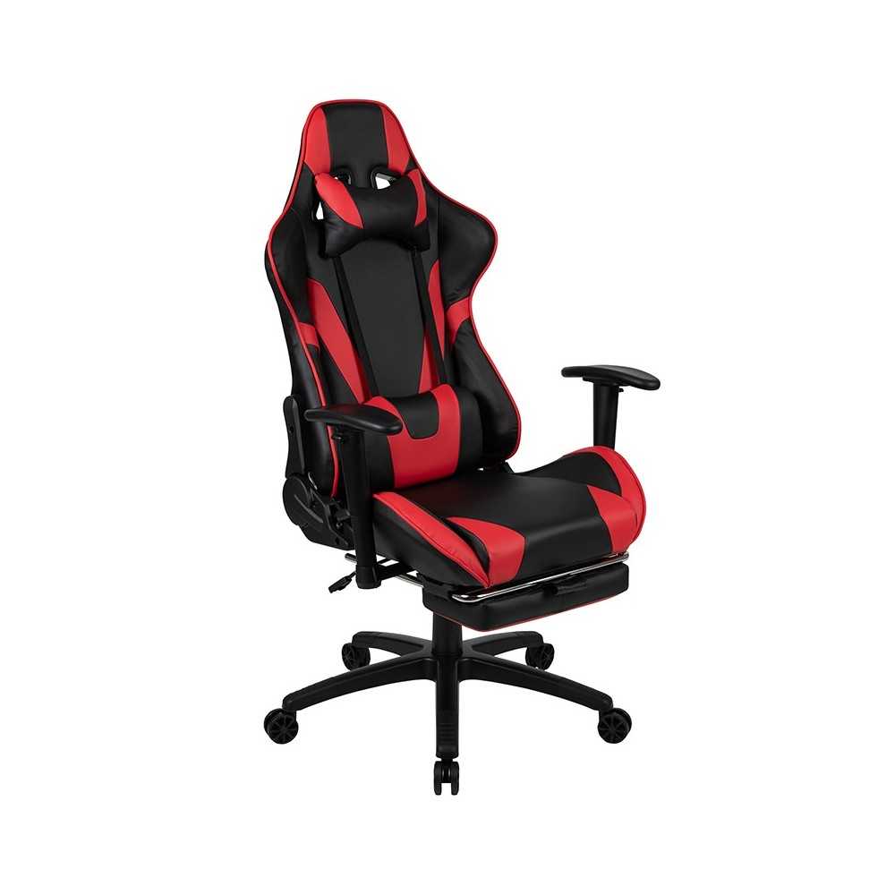 Black Gaming Desk and Red/Black Footrest Reclining Gaming Chair Set with Cup Holder, Headphone Hook & 2 Wire Management Holes