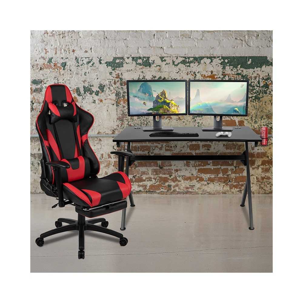 Black Gaming Desk and Red/Black Footrest Reclining Gaming Chair Set with Cup Holder, Headphone Hook & 2 Wire Management Holes