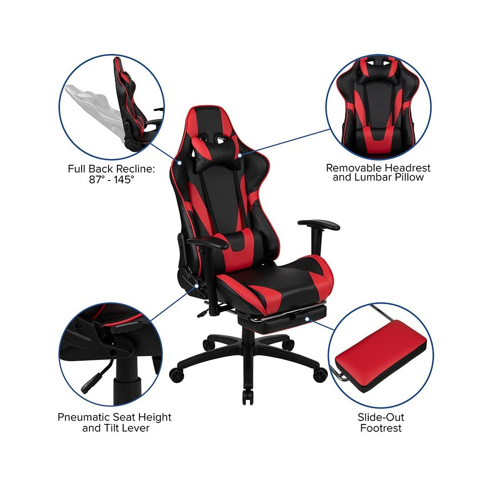 Black Gaming Desk and Red/Black Footrest Reclining Gaming Chair Set with Cup Holder, Headphone Hook & 2 Wire Management Holes