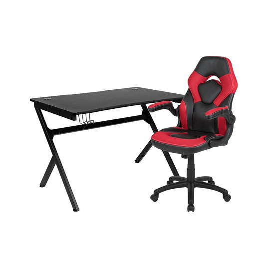 Black Gaming Desk and Red/Black Racing Chair Set with Cup Holder, Headphone Hook & 2 Wire Management Holes