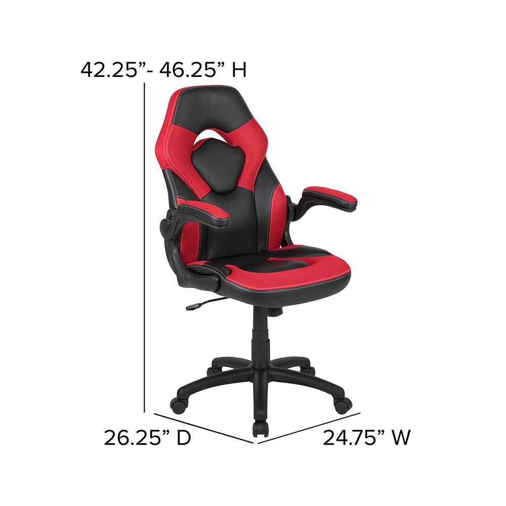 Black Gaming Desk and Red/Black Racing Chair Set with Cup Holder, Headphone Hook & 2 Wire Management Holes