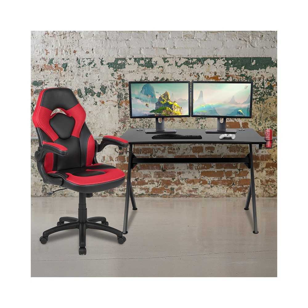 Black Gaming Desk and Red/Black Racing Chair Set with Cup Holder, Headphone Hook & 2 Wire Management Holes