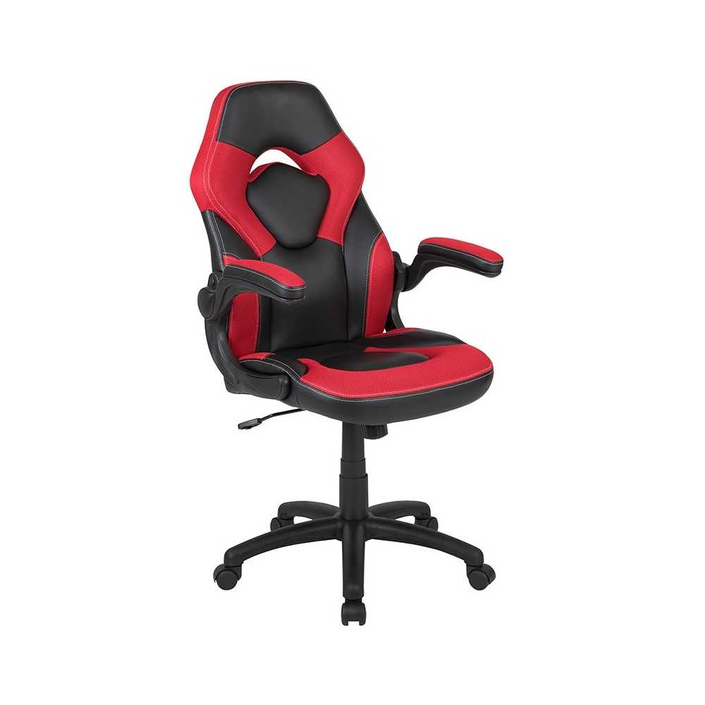 Black Gaming Desk and Red/Black Racing Chair Set with Cup Holder, Headphone Hook & 2 Wire Management Holes