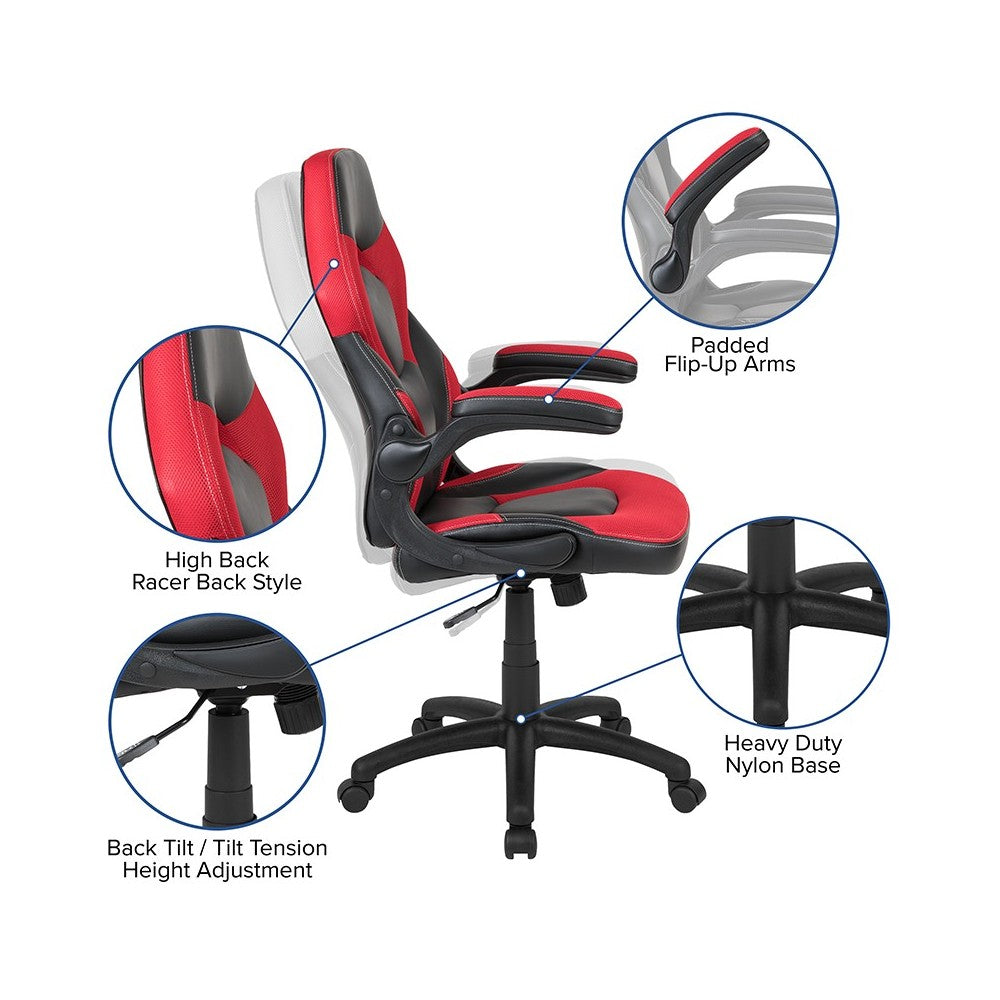 Black Gaming Desk and Red/Black Racing Chair Set with Cup Holder, Headphone Hook & 2 Wire Management Holes