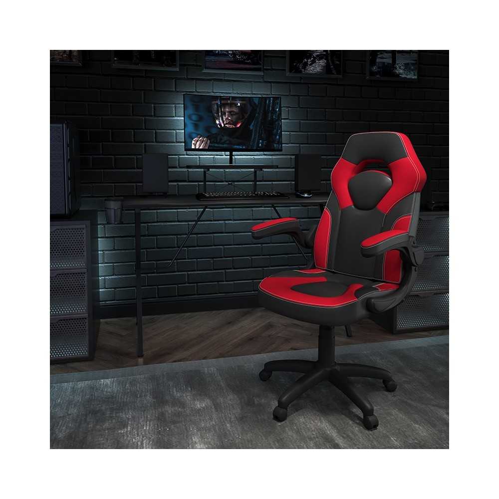 Black Gaming Desk and Red/Black Racing Chair Set with Cup Holder, Headphone Hook, and Monitor/Smartphone Stand