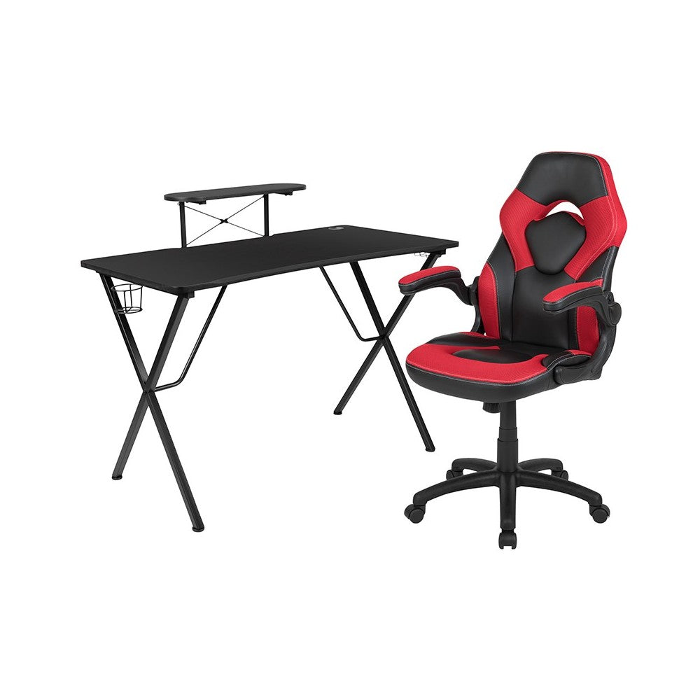 Black Gaming Desk and Red/Black Racing Chair Set with Cup Holder, Headphone Hook, and Monitor/Smartphone Stand