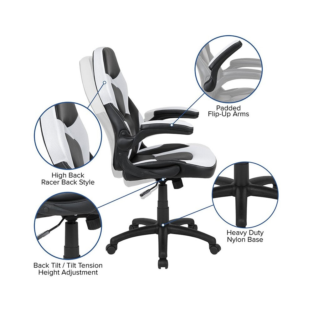 Black Gaming Desk and White/Black Racing Chair Set with Cup Holder, Headphone Hook & 2 Wire Management Holes