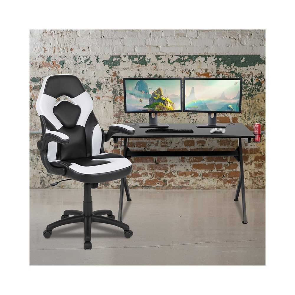 Black Gaming Desk and White/Black Racing Chair Set with Cup Holder, Headphone Hook & 2 Wire Management Holes