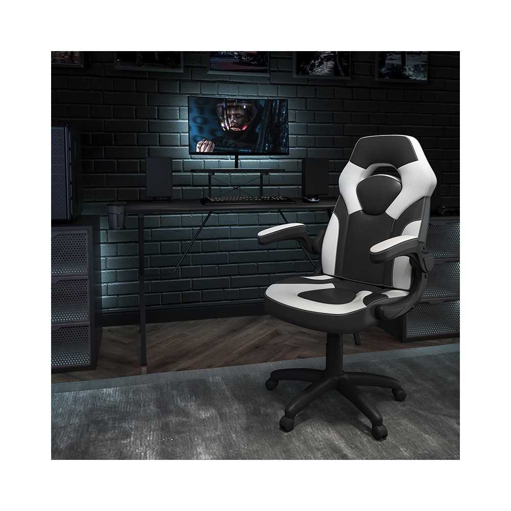 Black Gaming Desk and White/Black Racing Chair Set with Cup Holder, Headphone Hook, and Monitor/Smartphone Stand