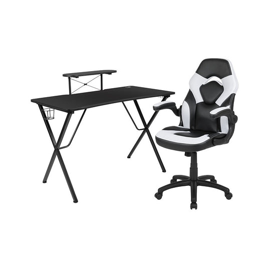 Black Gaming Desk and White/Black Racing Chair Set with Cup Holder, Headphone Hook, and Monitor/Smartphone Stand