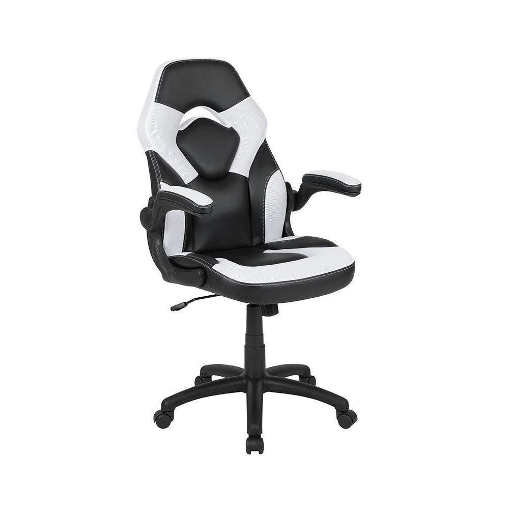 Black Gaming Desk and White/Black Racing Chair Set with Cup Holder, Headphone Hook, and Monitor/Smartphone Stand