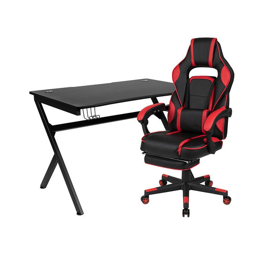 Black Gaming Desk with Cup Holder/Headphone Hook/2 Wire Management Holes & Red Reclining Back/Arms Gaming Chair with Footrest