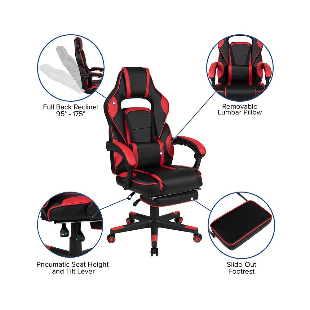 Black Gaming Desk with Cup Holder/Headphone Hook/2 Wire Management Holes & Red Reclining Back/Arms Gaming Chair with Footrest