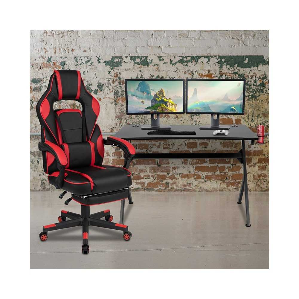 Black Gaming Desk with Cup Holder/Headphone Hook/2 Wire Management Holes & Red Reclining Back/Arms Gaming Chair with Footrest