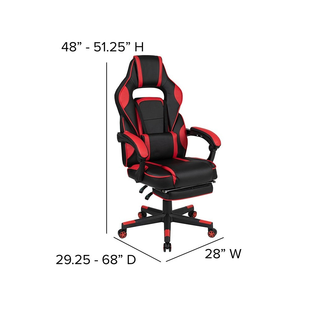 Black Gaming Desk with Cup Holder/Headphone Hook/2 Wire Management Holes & Red Reclining Back/Arms Gaming Chair with Footrest