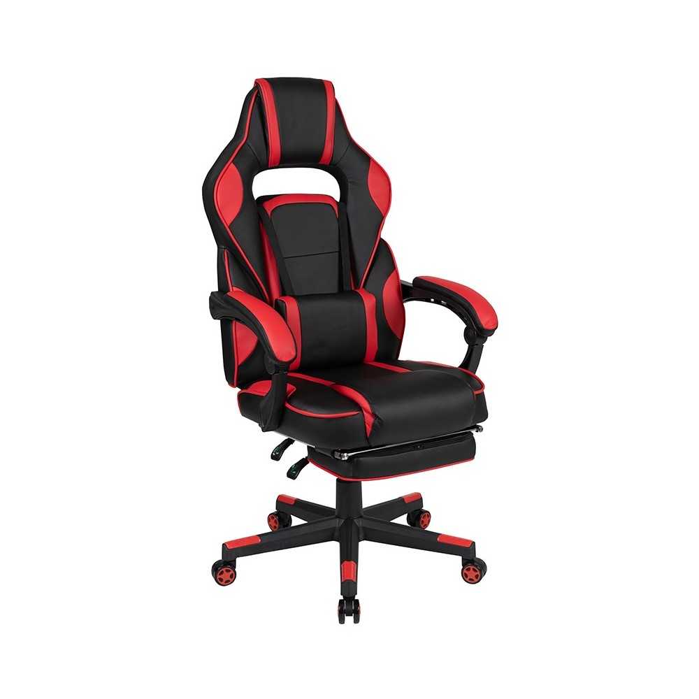 Black Gaming Desk with Cup Holder/Headphone Hook/2 Wire Management Holes & Red Reclining Back/Arms Gaming Chair with Footrest