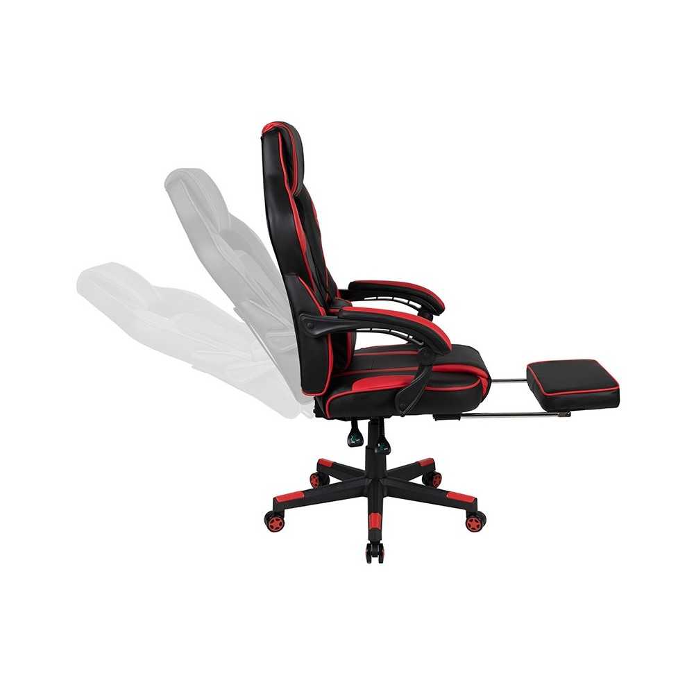 Black Gaming Desk with Cup Holder/Headphone Hook/2 Wire Management Holes & Red Reclining Back/Arms Gaming Chair with Footrest