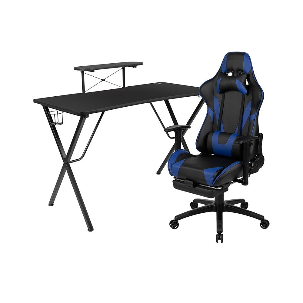 Black Gaming Desk with Cup Holder/Headphone Hook and Monitor/Smartphone Stand & Blue Reclining Gaming Chair with Footrest