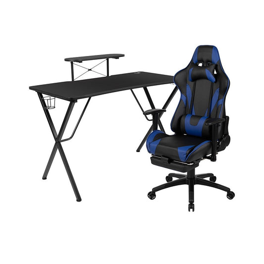 Black Gaming Desk with Cup Holder/Headphone Hook and Monitor/Smartphone Stand & Blue Reclining Gaming Chair with Footrest