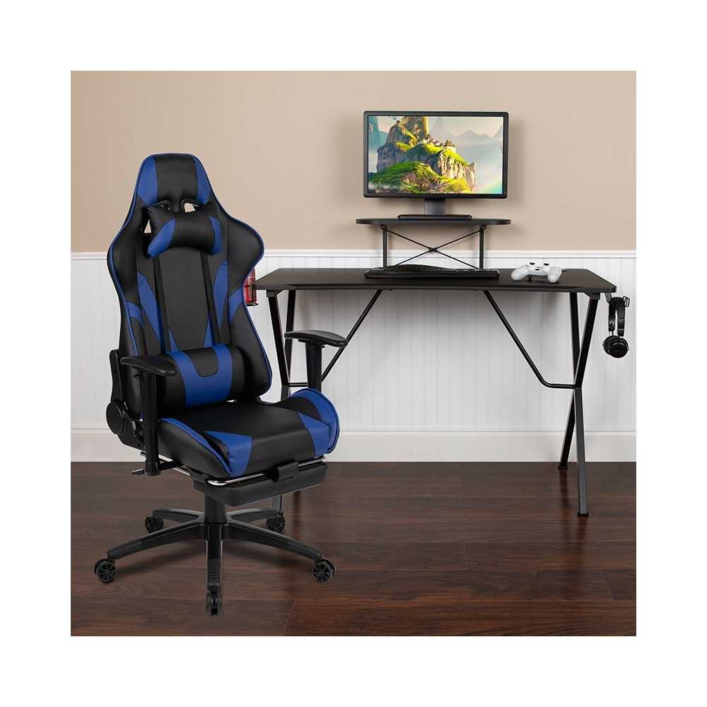 Black Gaming Desk with Cup Holder/Headphone Hook and Monitor/Smartphone Stand & Blue Reclining Gaming Chair with Footrest